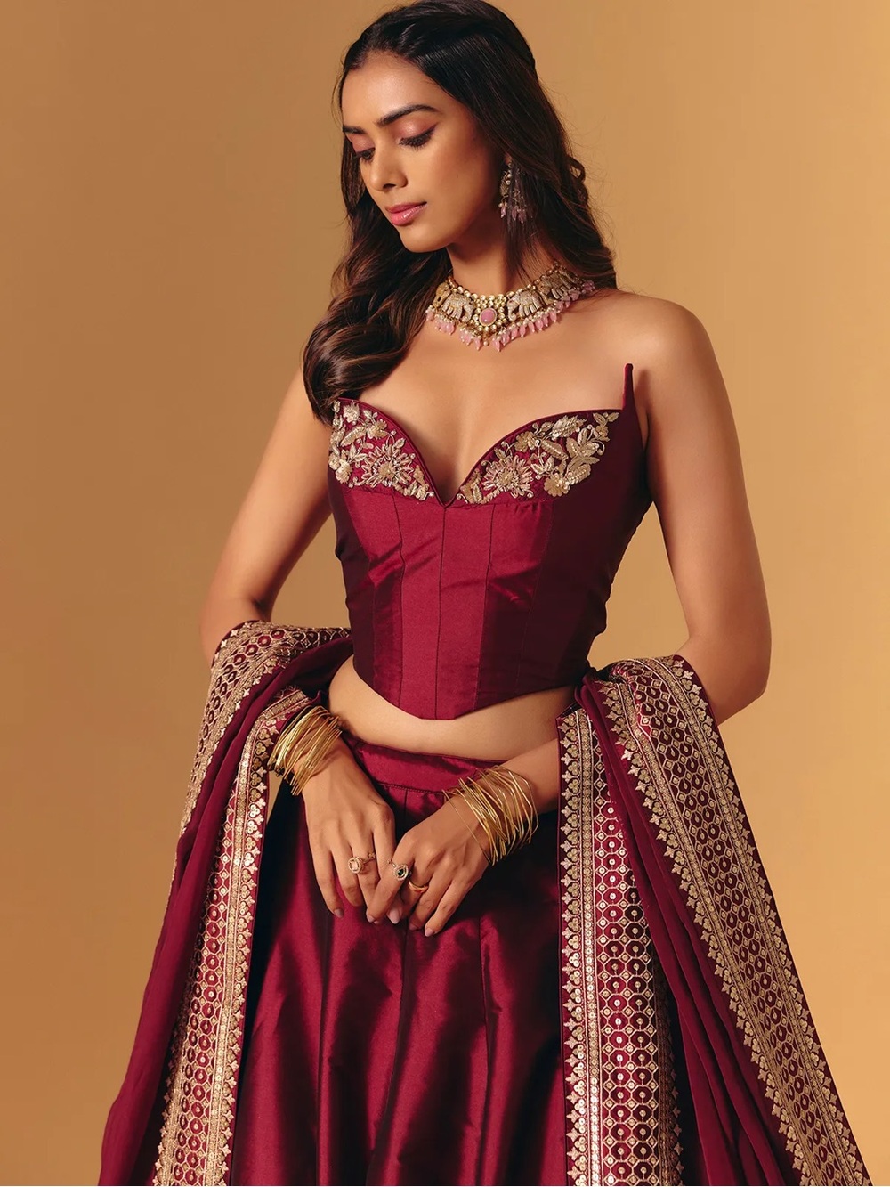 Maroon silk lehenga choli, corset blouse - Picture 3 of 8